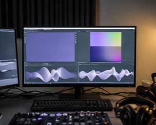 編集ソフトと波形モニターを表示したポストプロダクション作業室